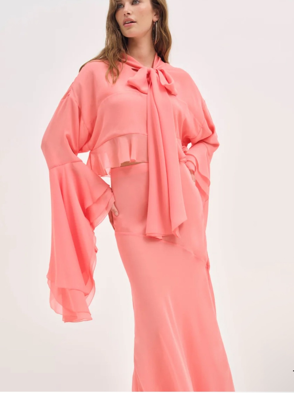 For Love & Lemons Peach Joana Maxi Skirt and Bow Blouse Set